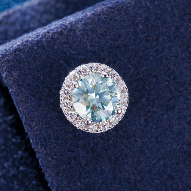 Women's Light Blue Round Cut Moissanite Stud Earrings, Elegant Design